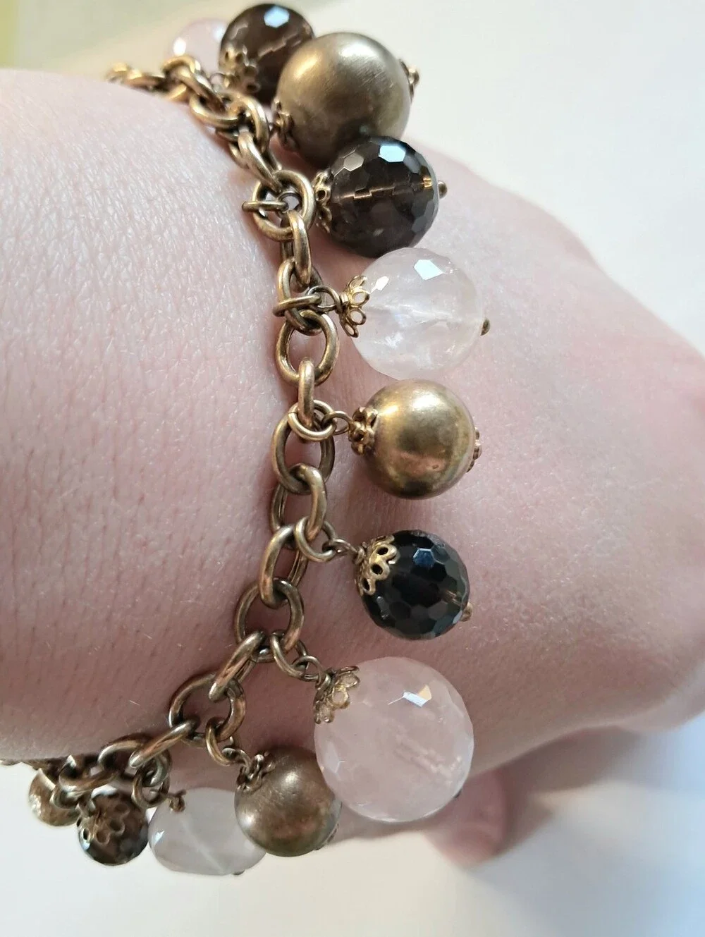 ITAOR Vintage Italy 925 Sterling Silver Heavy Smoky Rose Quartz Charm Bracelet